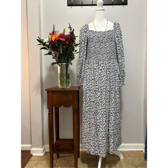 J. Crew Daisy Print Square Neck Balloon Sleeve Smocked Dress - Picture 1 of 4